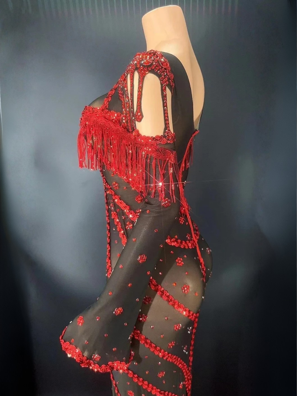 Red Sequin Sheer Dress