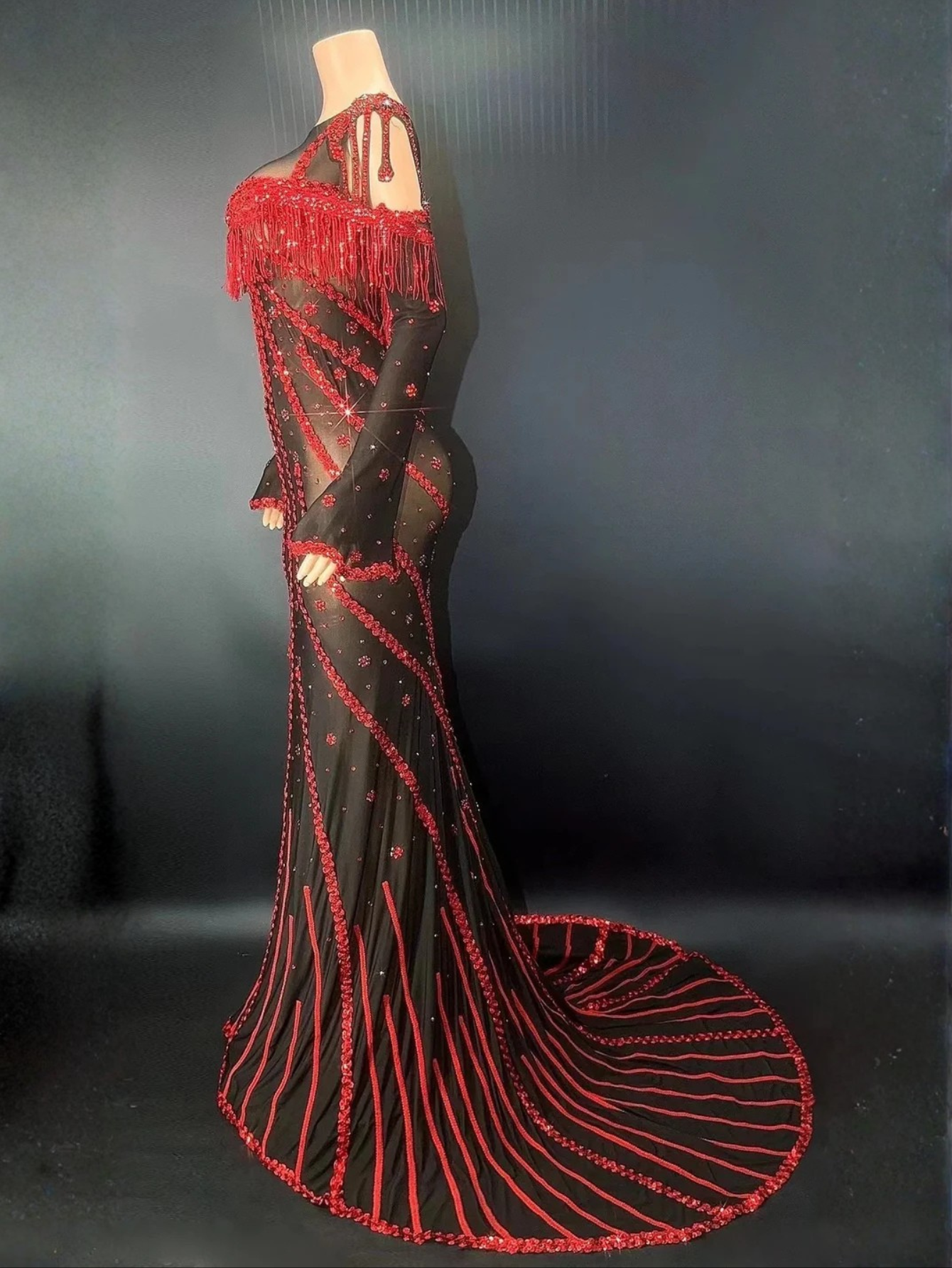 Red Sequin Sheer Dress