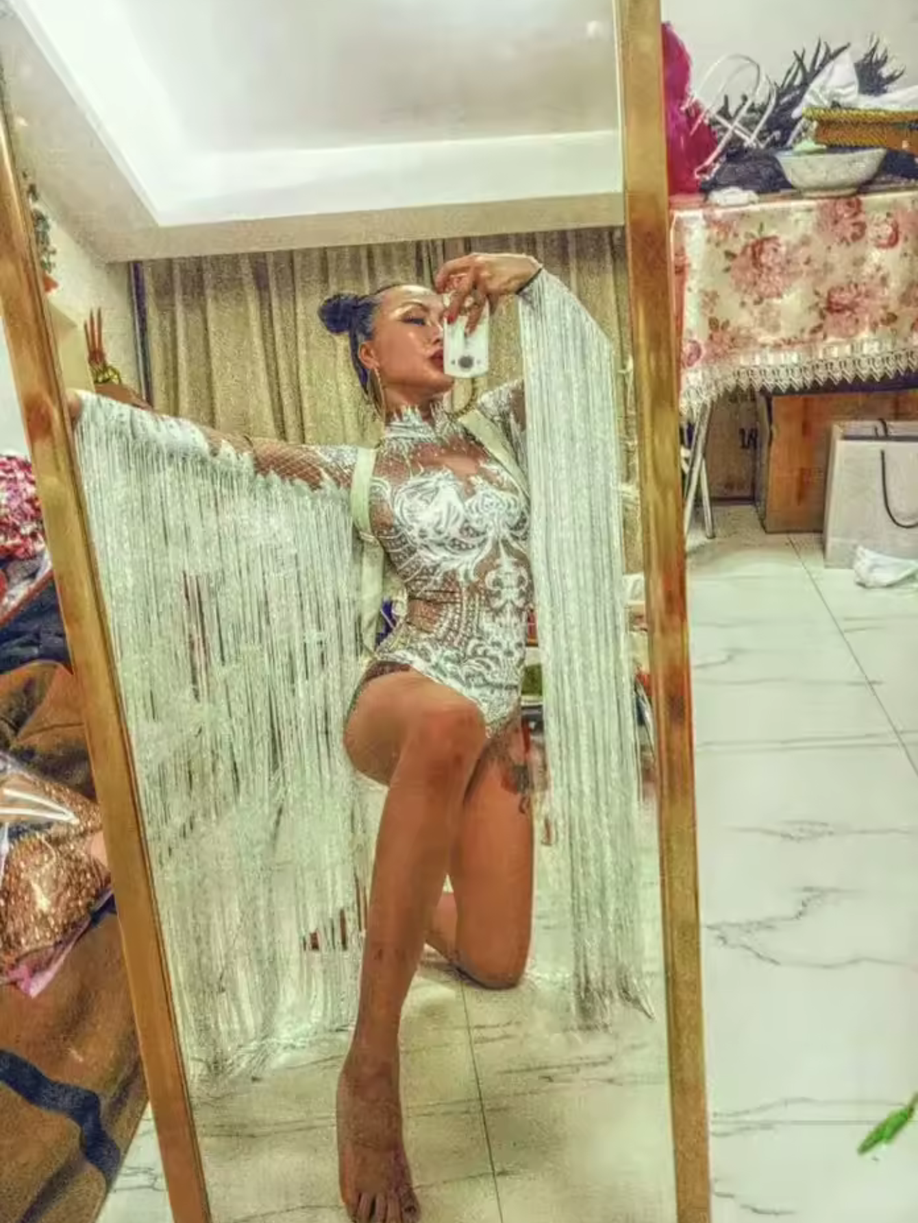 White Fringe Sequince Drag Queen Lyrical Costume