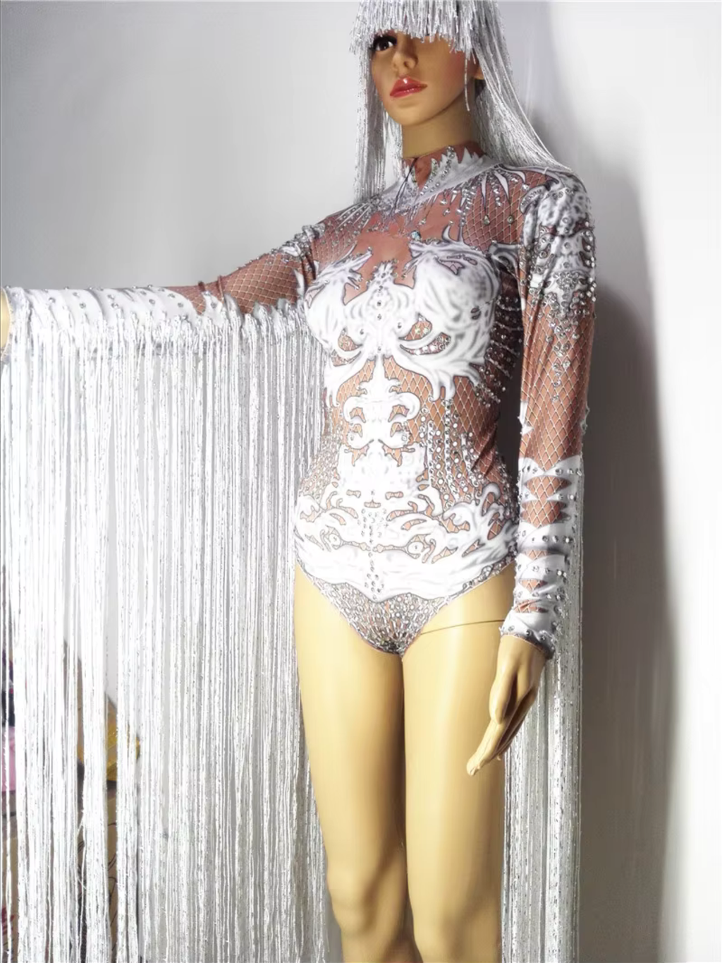 White Fringe Sequince Drag Queen Lyrical Costume