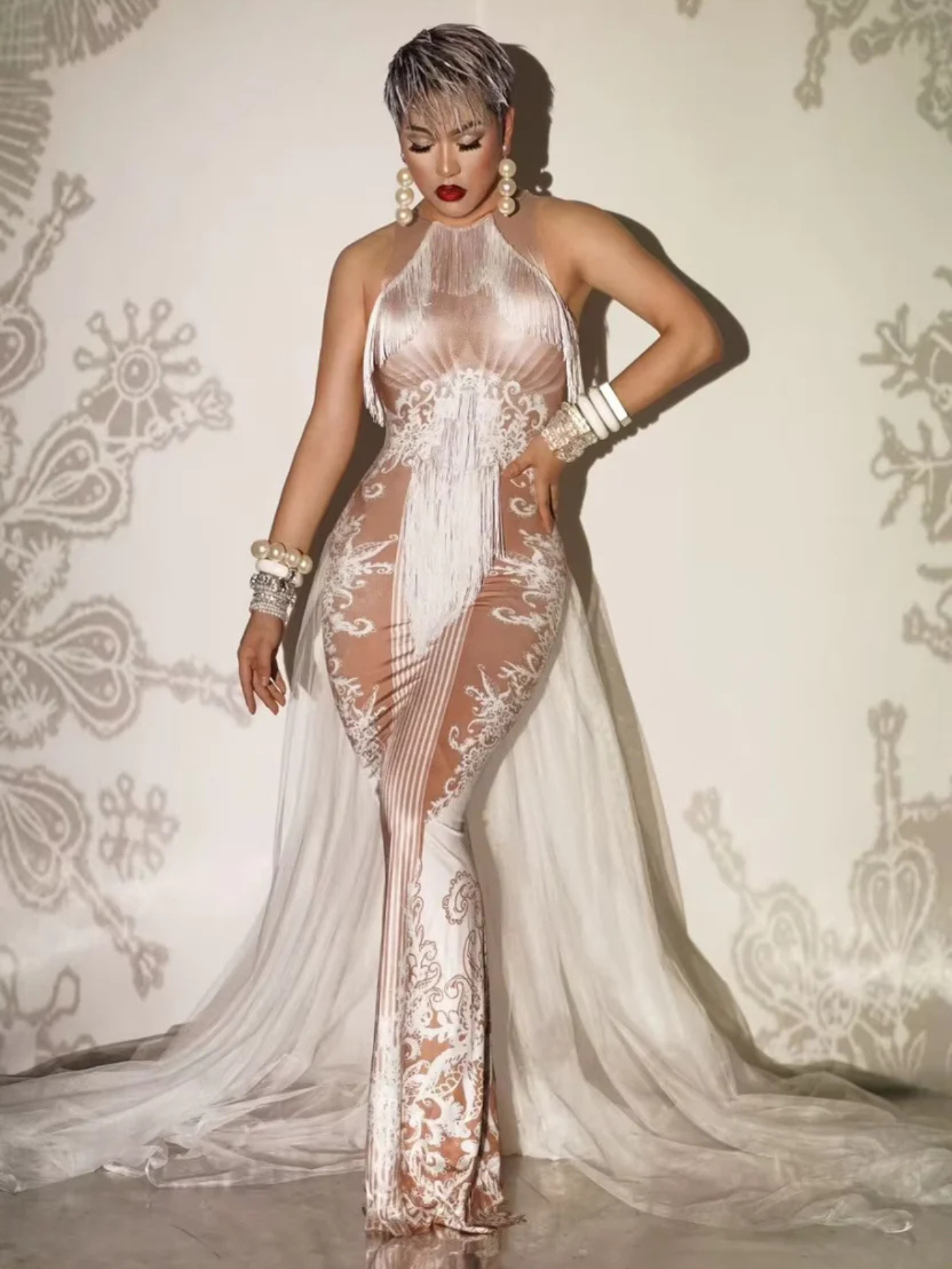 Sheer White Train Drag Queen Dress
