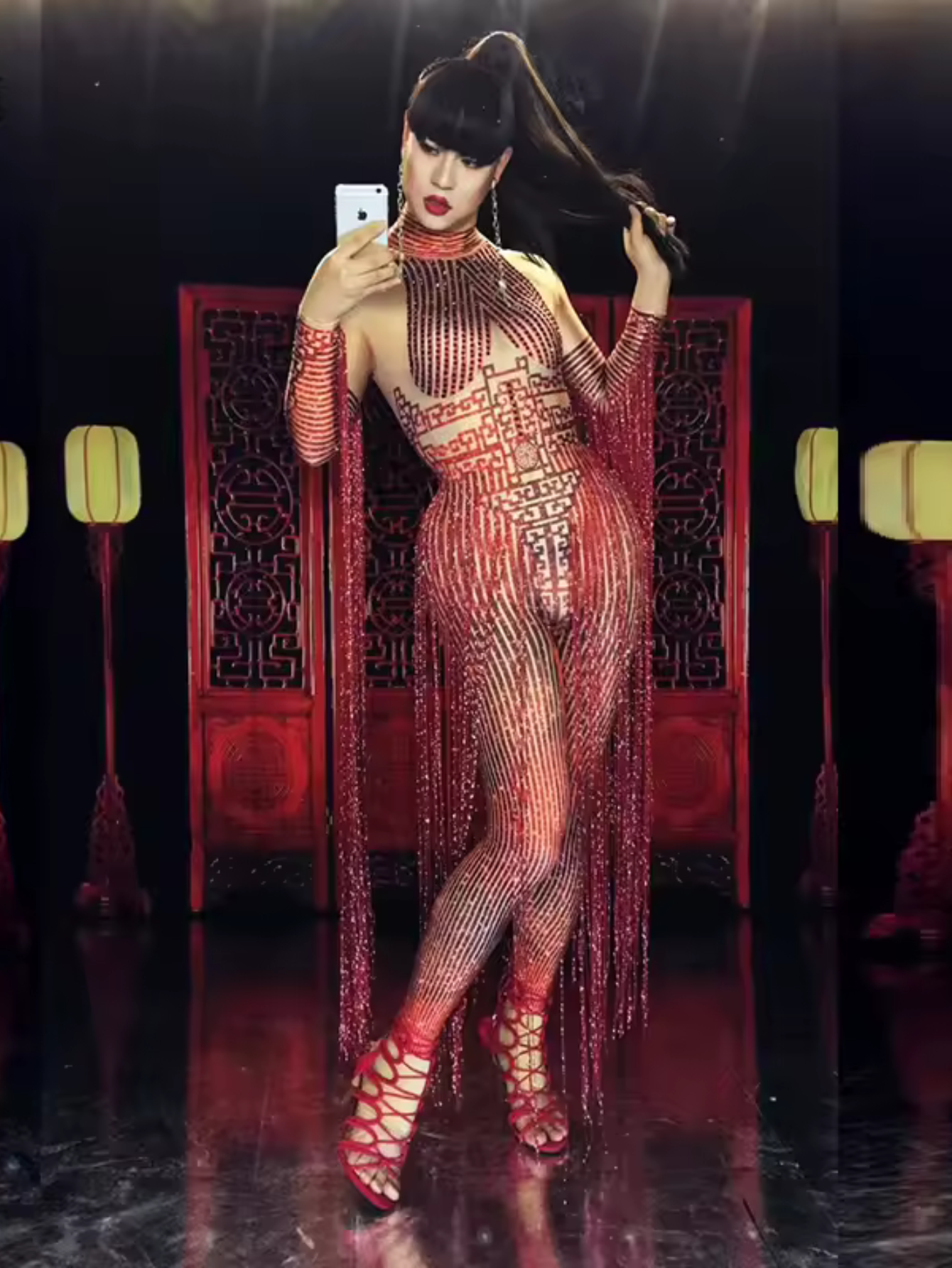 Red Fringe Sequince Drag Queen Lyrical Costume