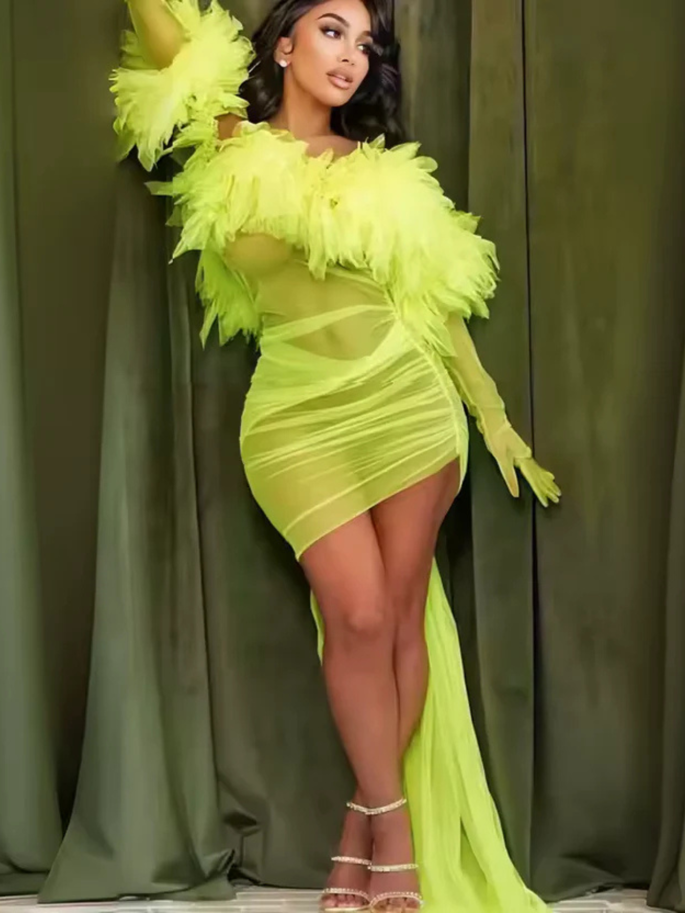 Sheer Neon Dress With Gloves