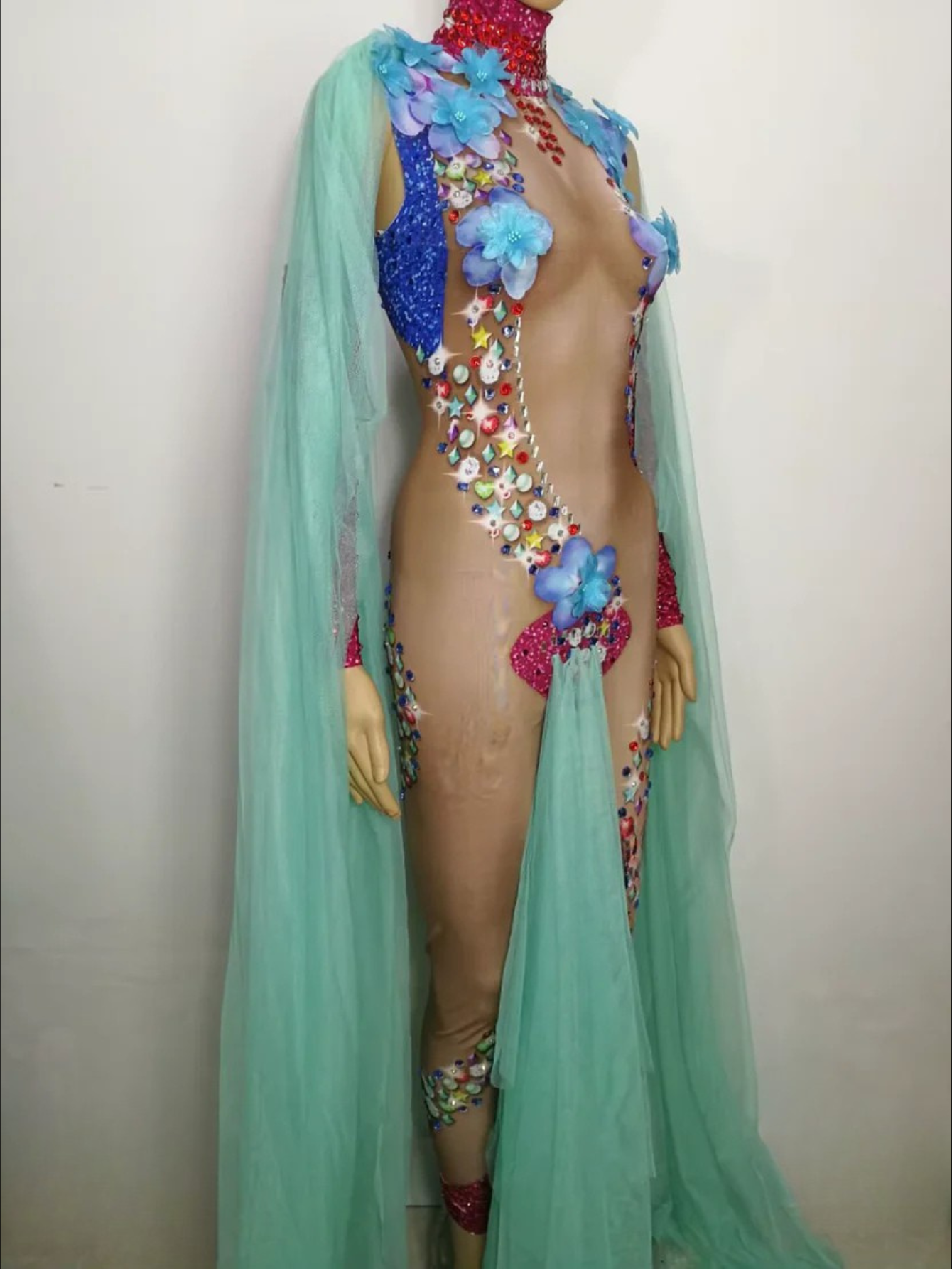 Mermaid Sheer Blue Flower Jumpsuit