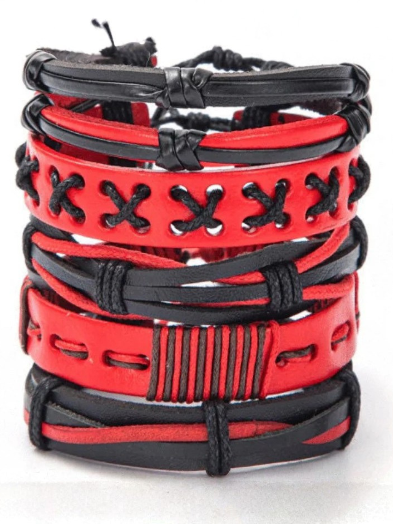 Red and Black Faux Leather Bracelet Set