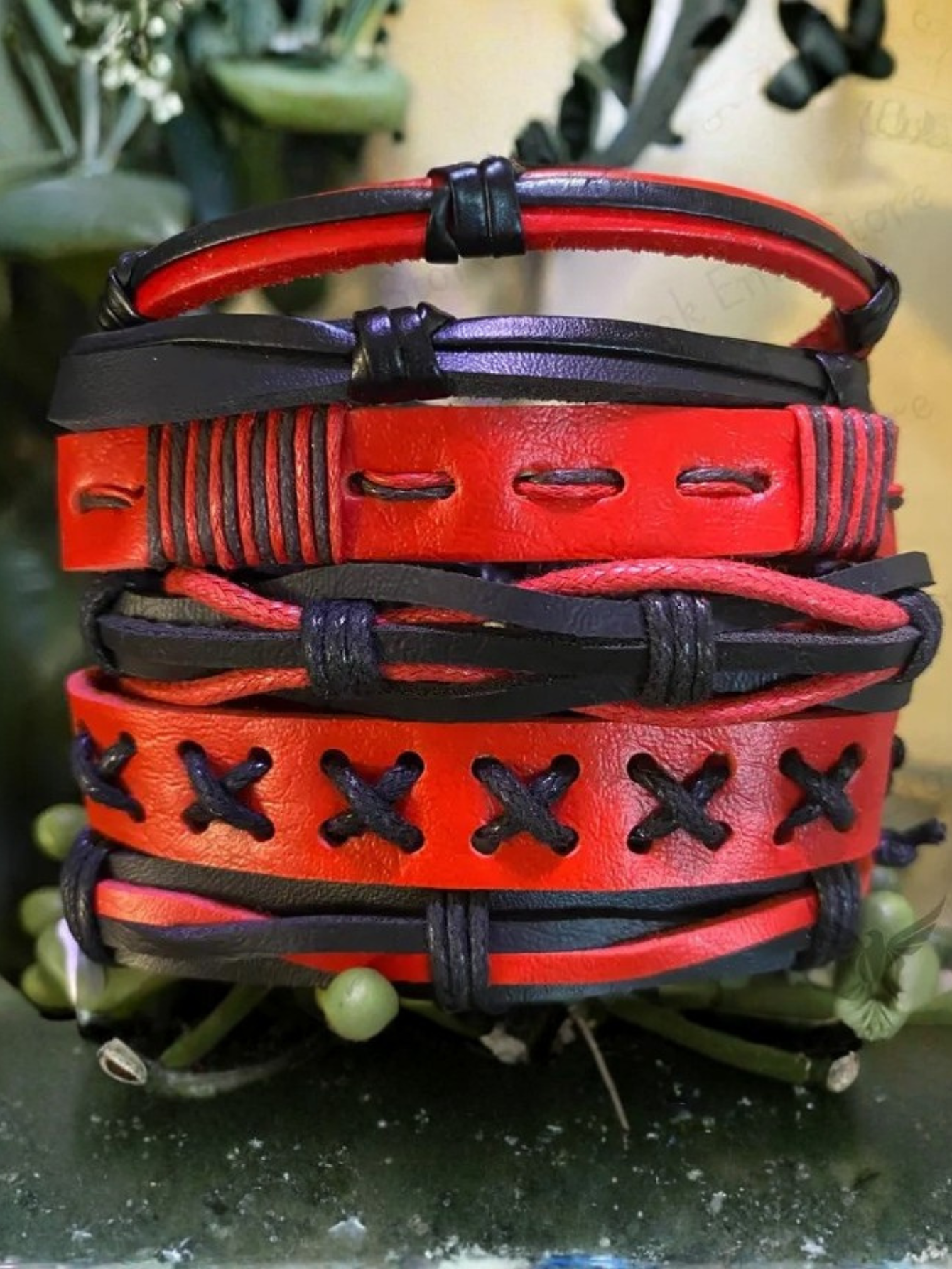 Red and Black Faux Leather Bracelet Set