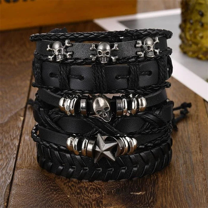 Gothic Punk Rock Leather Bracelet Set